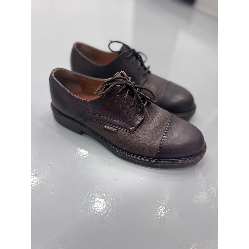 MEPHISTO Men's Brown Leather Cap Toe Lace-Up Derby Dress Shoes Round Toe